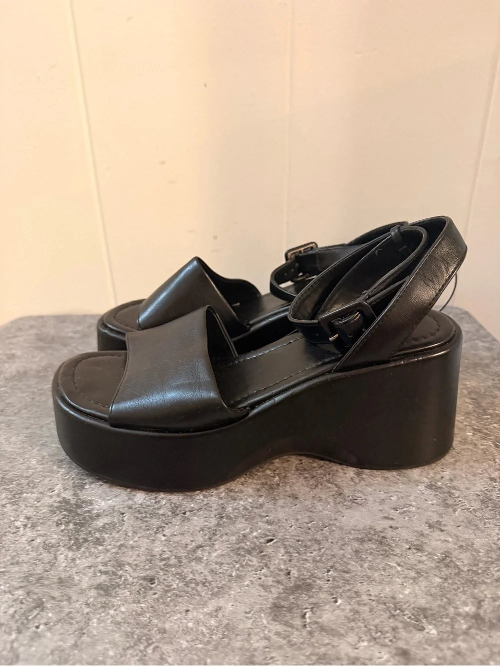 Soda Black Platform Slingback Sandals with Wide Front Strap
